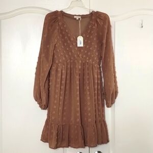 Jodifl small brown swiss dot rosette ruffle dress long sleeve with smocking